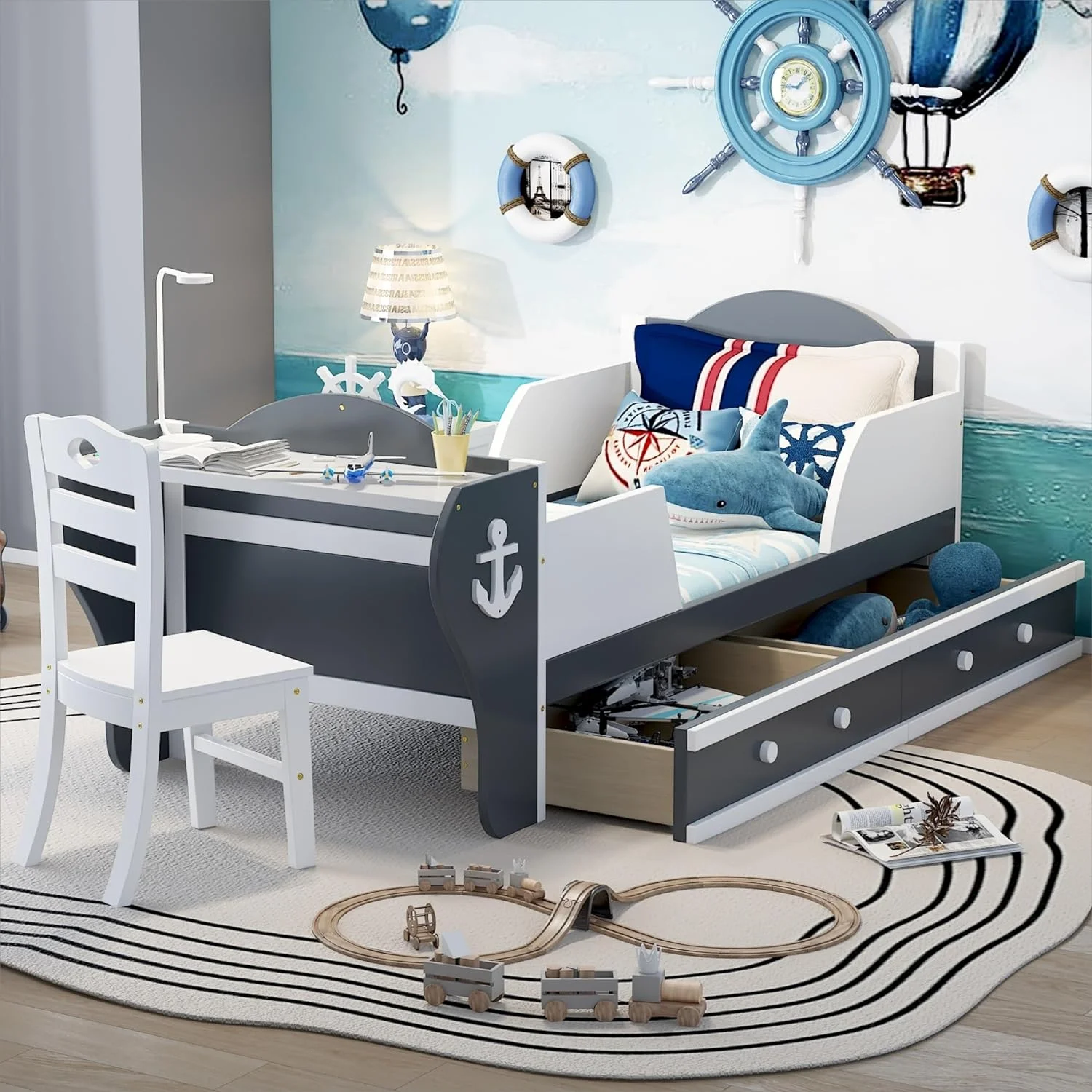 Size Boat-Shaped Platform Bed Frame For Boys Girls Kids Toddler With Two Drawers. Bed With Desk Ad Chair For Bedroom.White Gray - Cheap Abt
