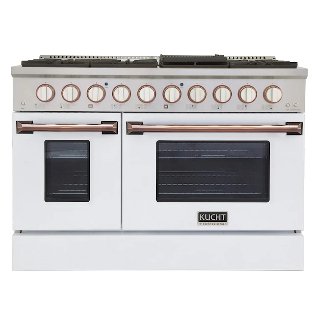 Kucht Signature 48 In. 6.7 cu ft. Propane Gas Range with White Door and Rose Gold Accents, KNG481/LP-W-ROSE - Cheap Abt