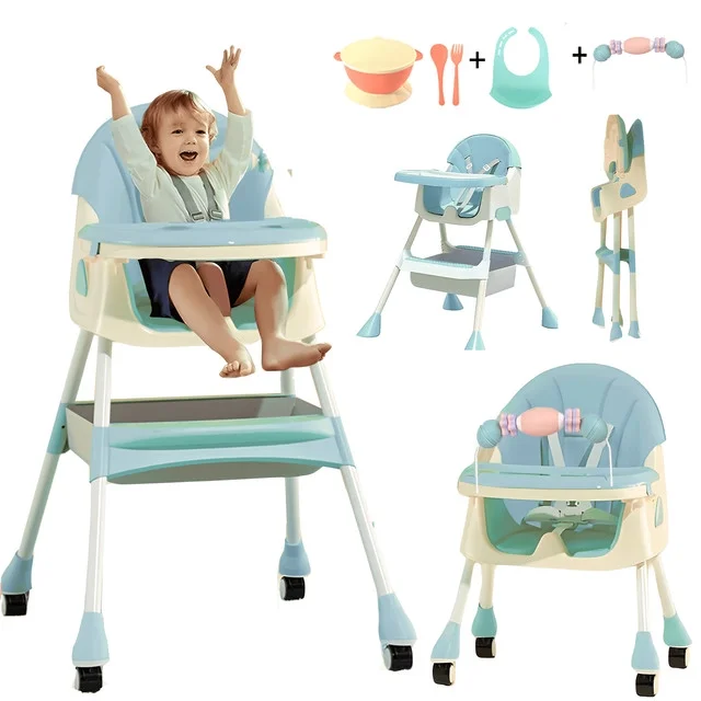 4-in-1 Baby High Chair Portable Dining Chairs Eat & Play with Five-Point. Double-Layer Dinner Plate and Toy Rack. easy to clean. safe and secure Green - Cheap Abt
