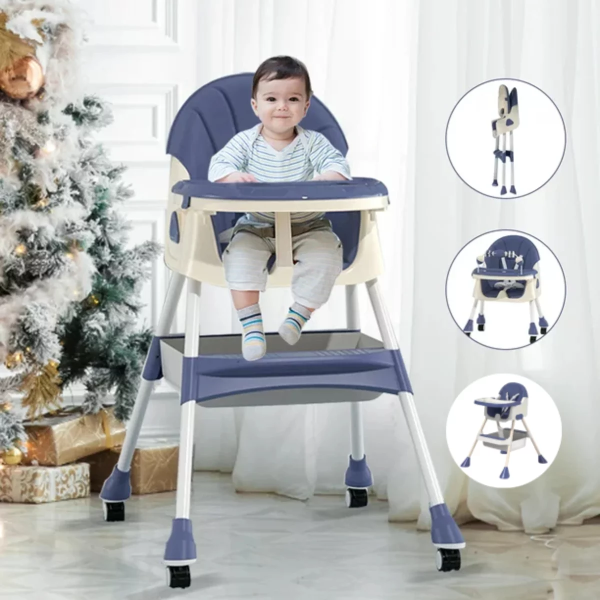 Hurber 4 in 1 Baby High Chair. Child Feeding Chair with Five-Point Harness. Retractable Detachable Dining Plate .Brakable Universal Wheel. Toy Rack. Blue - Cheap Abt