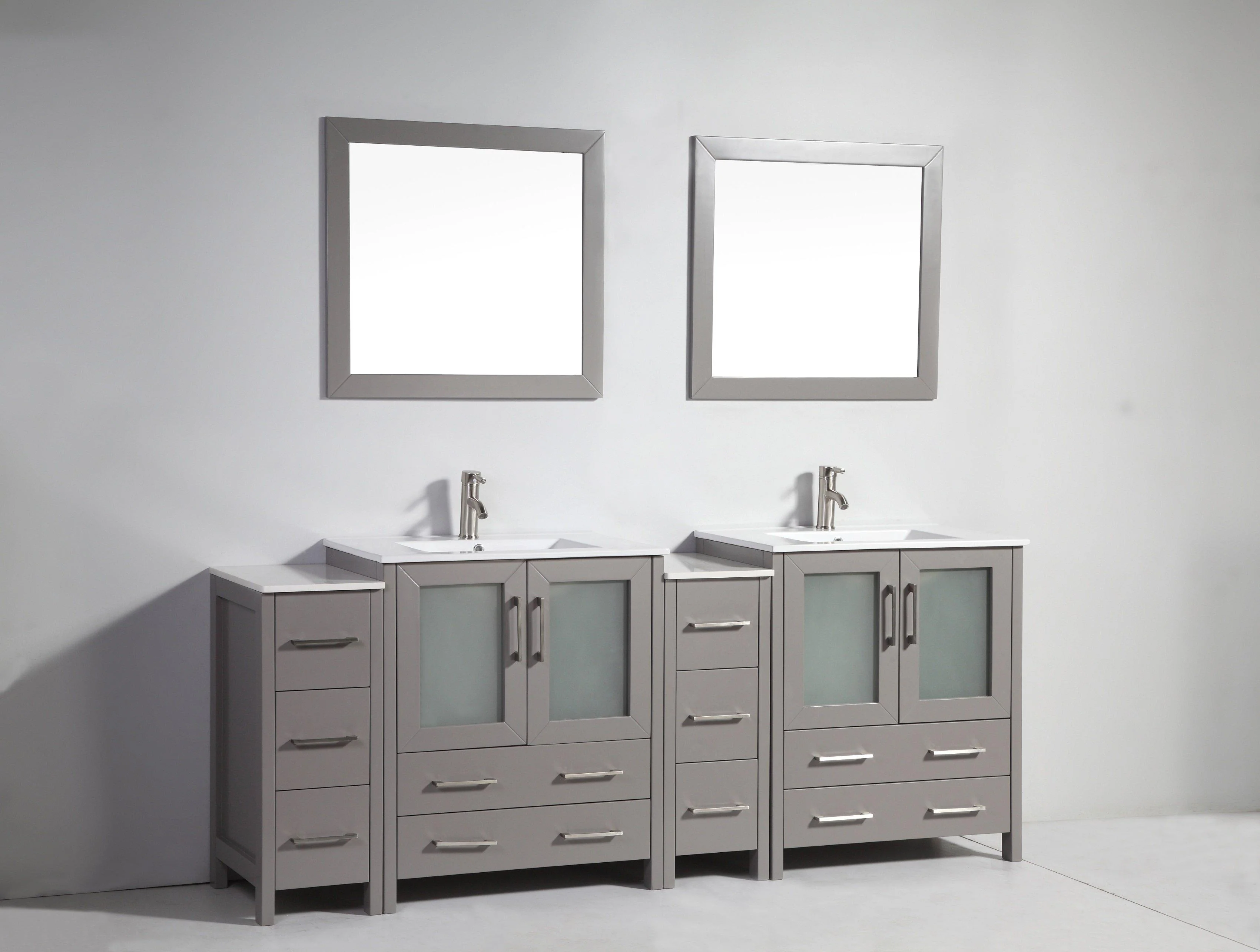 Vanity Art 84 in. Double Sink Vanity Cabinet with Ceramic Sink & Mirror (Double Cabinet) - Grey, VA3030-84G - Cheap Abt