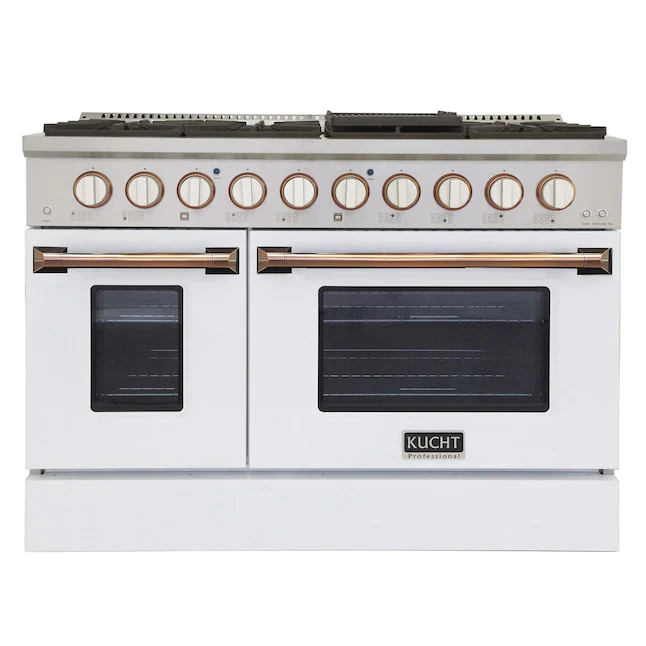 Kucht Signature 48 In. 6.7 cu ft. Natural Gas Range with White Door and Gold Accents, KNG481-W-GOLD - Cheap Abt