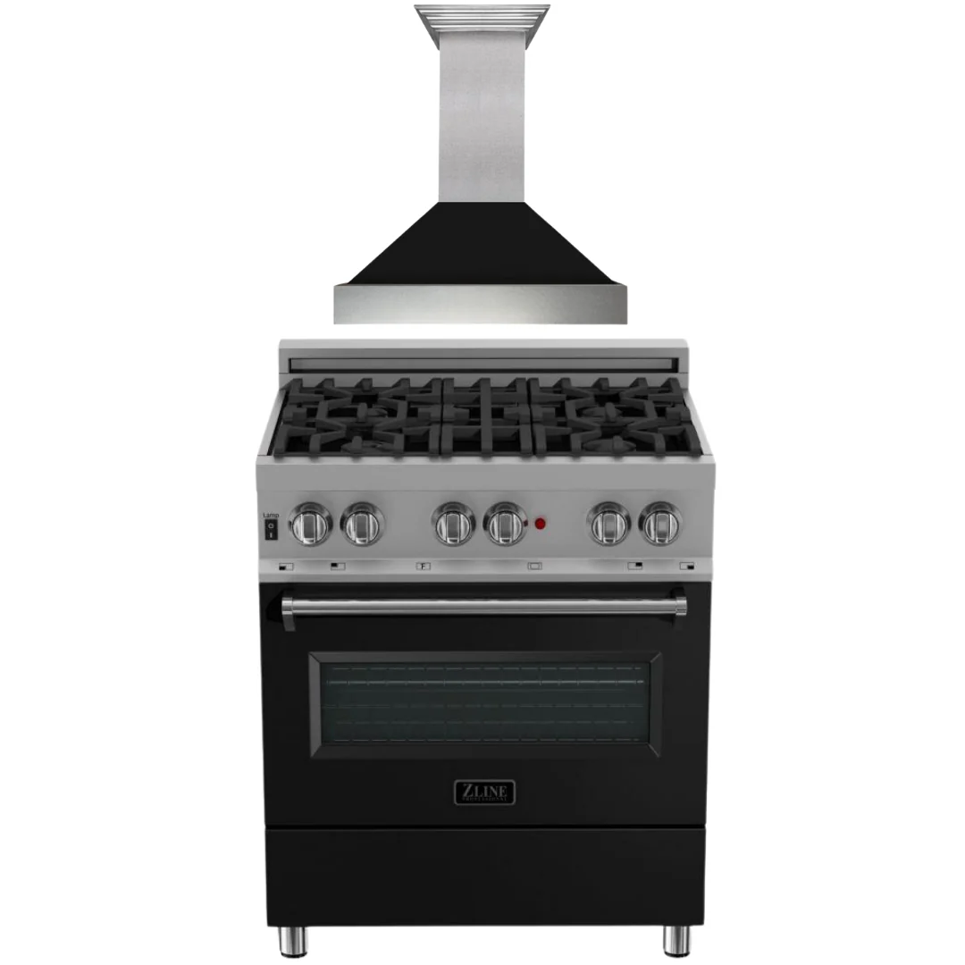 ZLINE 30 in. Dual Fuel Range in DuraSnow® with Black Matte Door & 30 in. Range Hood Appliance Package, 2KP-RASBLMRH30 - Cheap Abt