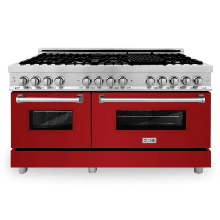 ZLINE 60 In. Professional Dual Fuel Range in DuraSnow®Stainless Steel with Red Gloss Door, RAS-RG-60 - Cheap Abt