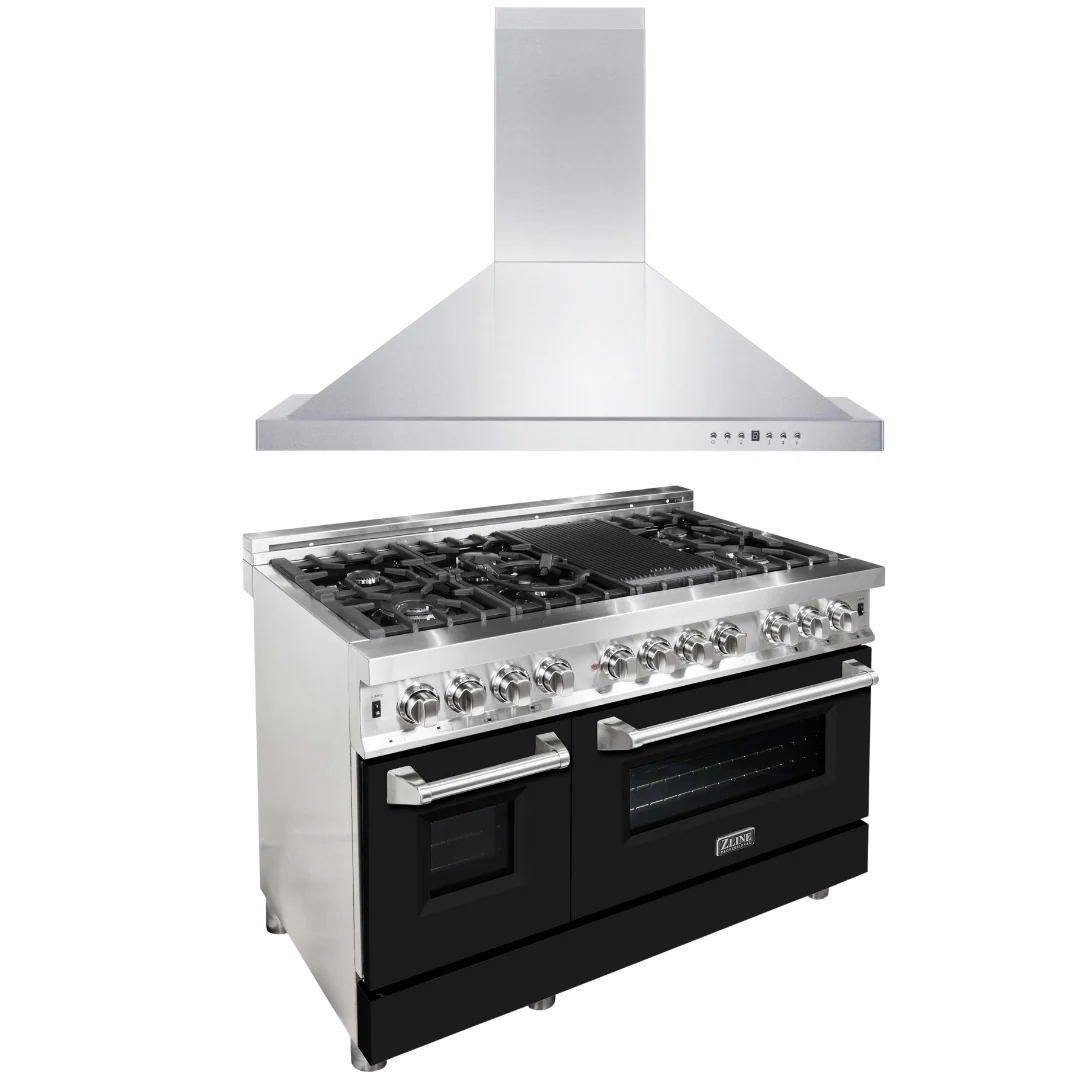 ZLINE 48 in. Dual Fuel Range with Black Matte Door & 48 in. Range Hood Appliance Package, 2KP-RABLMRH48 - Cheap Abt