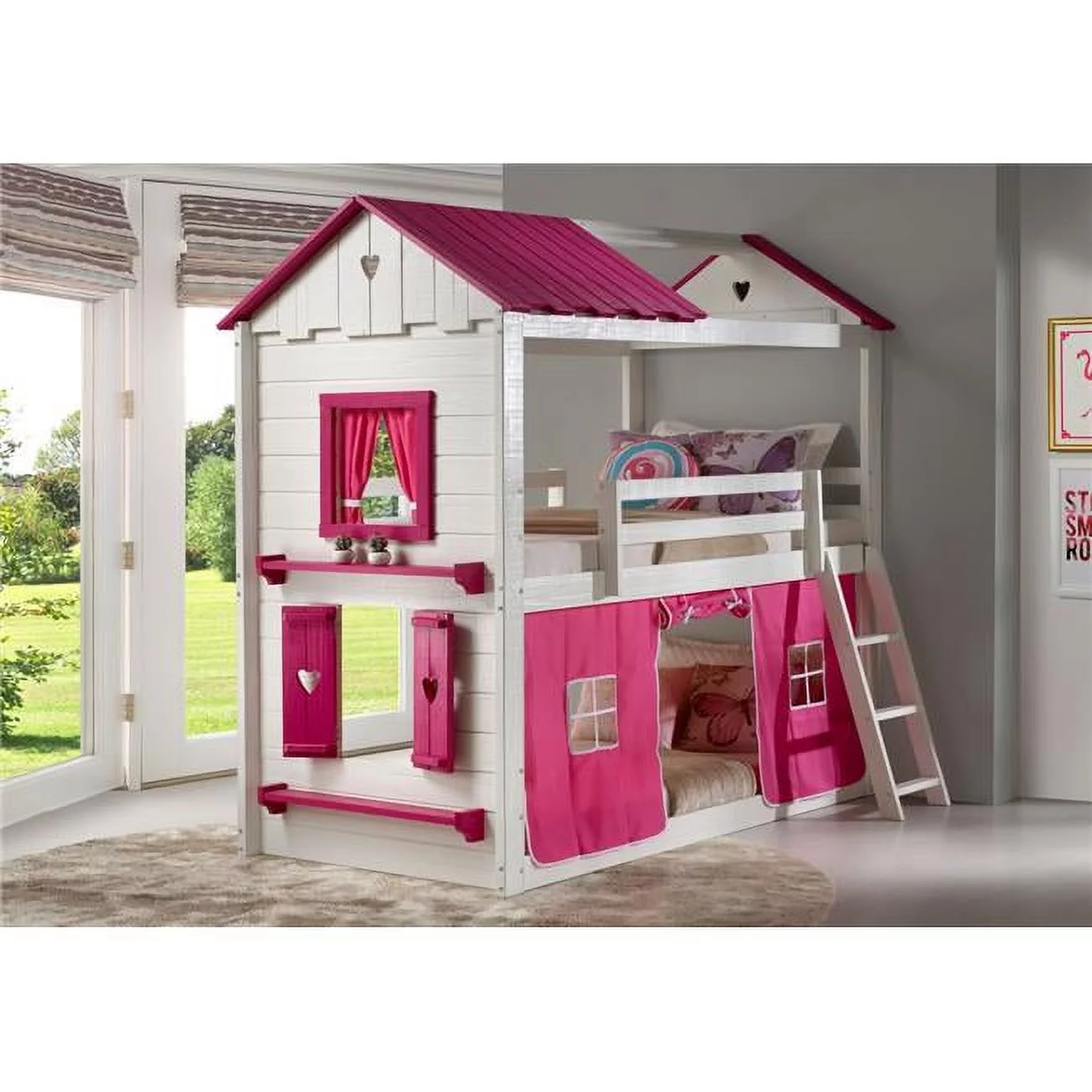 Donco Kids PD-1570TTWP-1575TP Twin Over Sweetheart Bunk Bed. White & Pink with Pink Tent - Cheap Abt