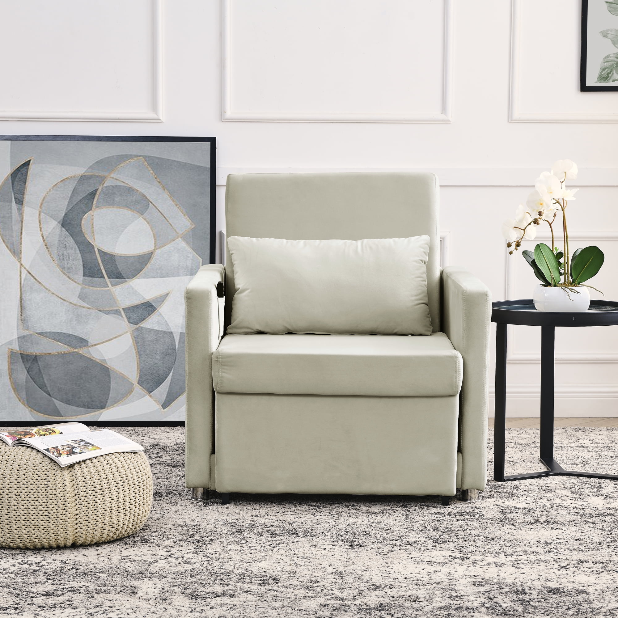 Sofa Bed Chair 2-in-1 Convertible Chair Bed. Lounger Sleeper Chair for Small Space with One Pillow. Beige Velvet - Cheap Abt