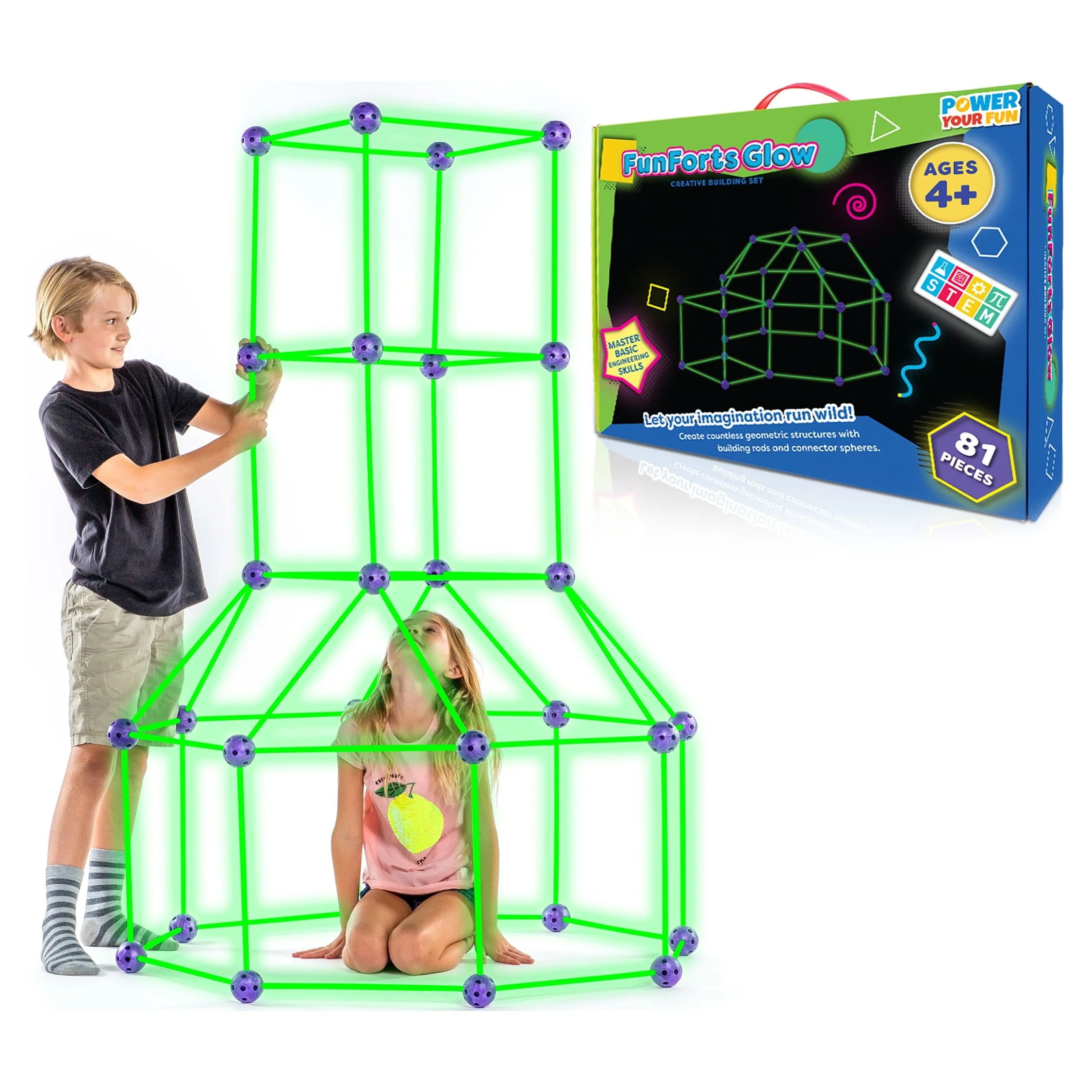 Power Your Fun 81pc Glow in the Dark Fort Kids Tent Building Toys Outdoor Playhouse - Cheap Abt