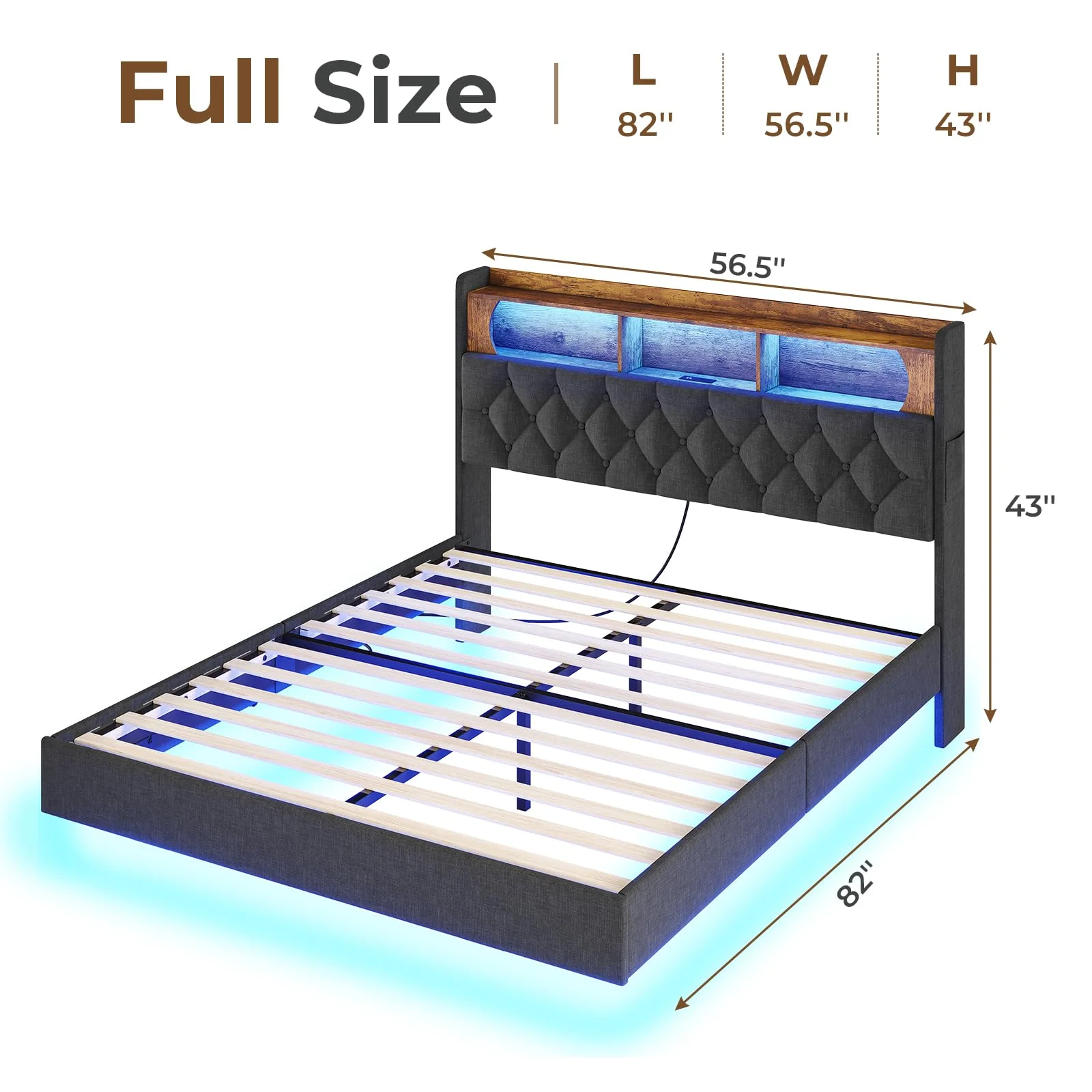 Amuzer Full Size Floating Bed Frame with Charging Station and LED Lights, Platform Bed Frame with Storage Headboard, Gray - Cheap Abt