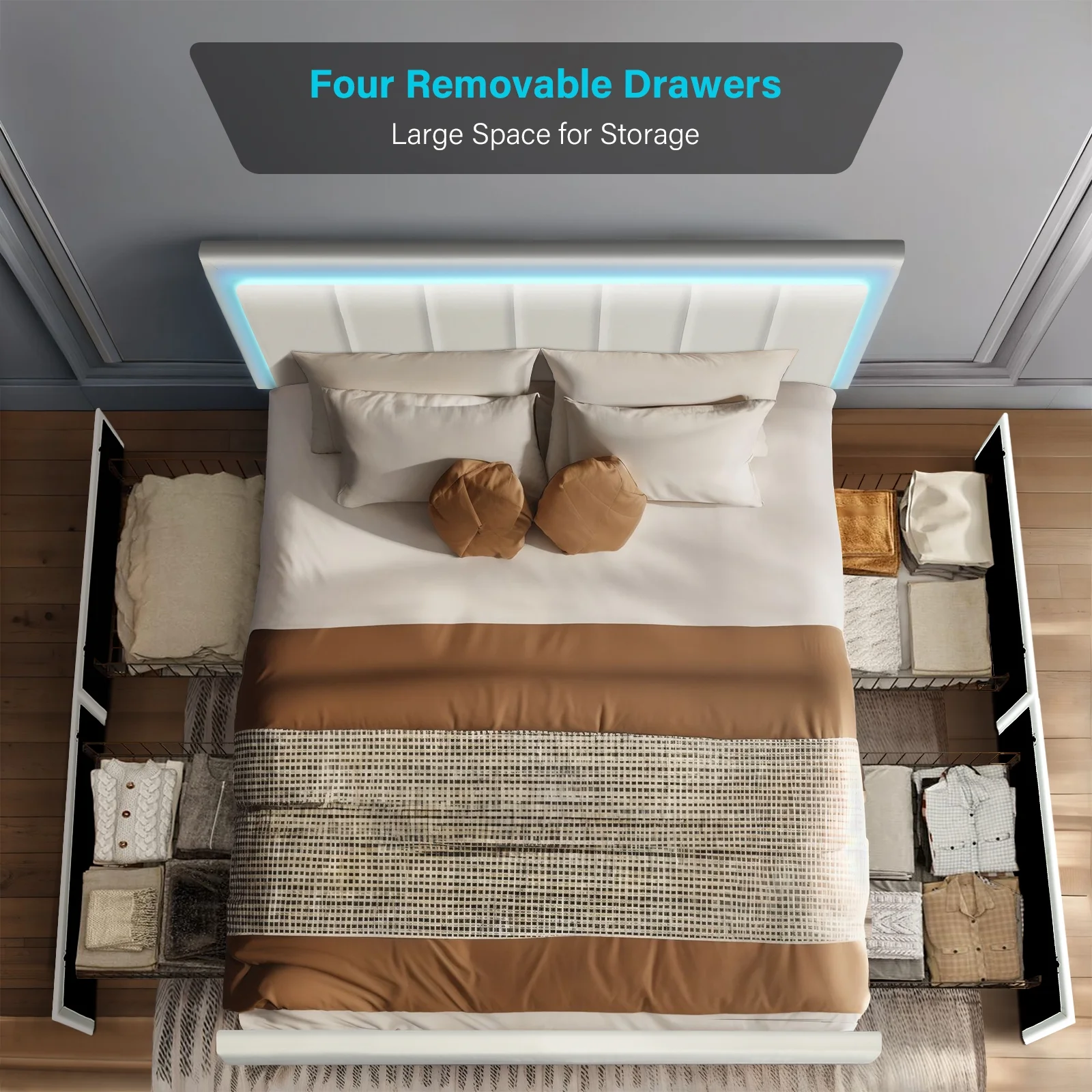 4 EVER WINNER Queen Size LED Bed Frame with 4 Storage Drawers, Upholstered Platform Bed with LED Light Headboard, No Box Spring Needed, White - Cheap Abt