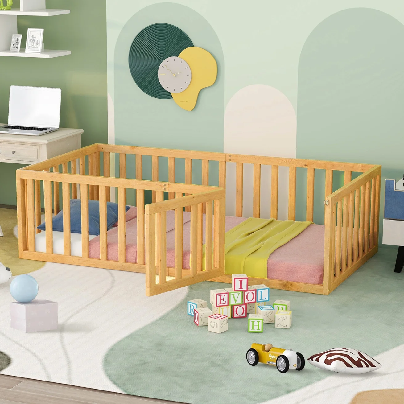 Twin Floor Bed for Kids Solid Wood Montessori Bed Frame with Door & Safety Guardrails Multifunctional Montessori Floor Bed for Toddlers, No Weight Limit, Easy Assemble, Natural - Cheap Abt