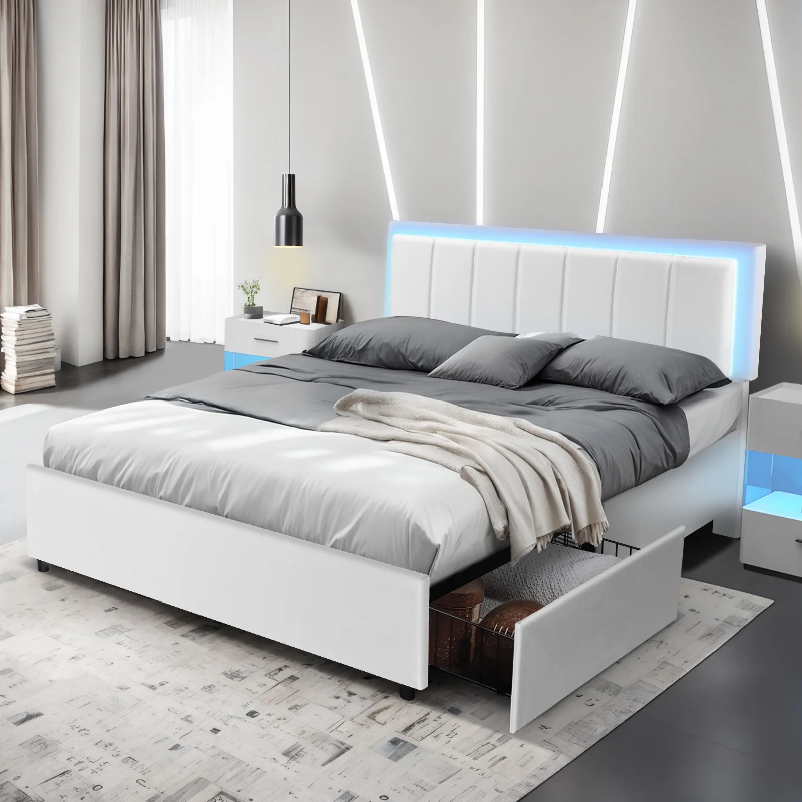 4 EVER WINNER Queen Size LED Bed Frame with 4 Storage Drawers, Upholstered Platform Bed with LED Light Headboard, No Box Spring Needed, White - Cheap Abt