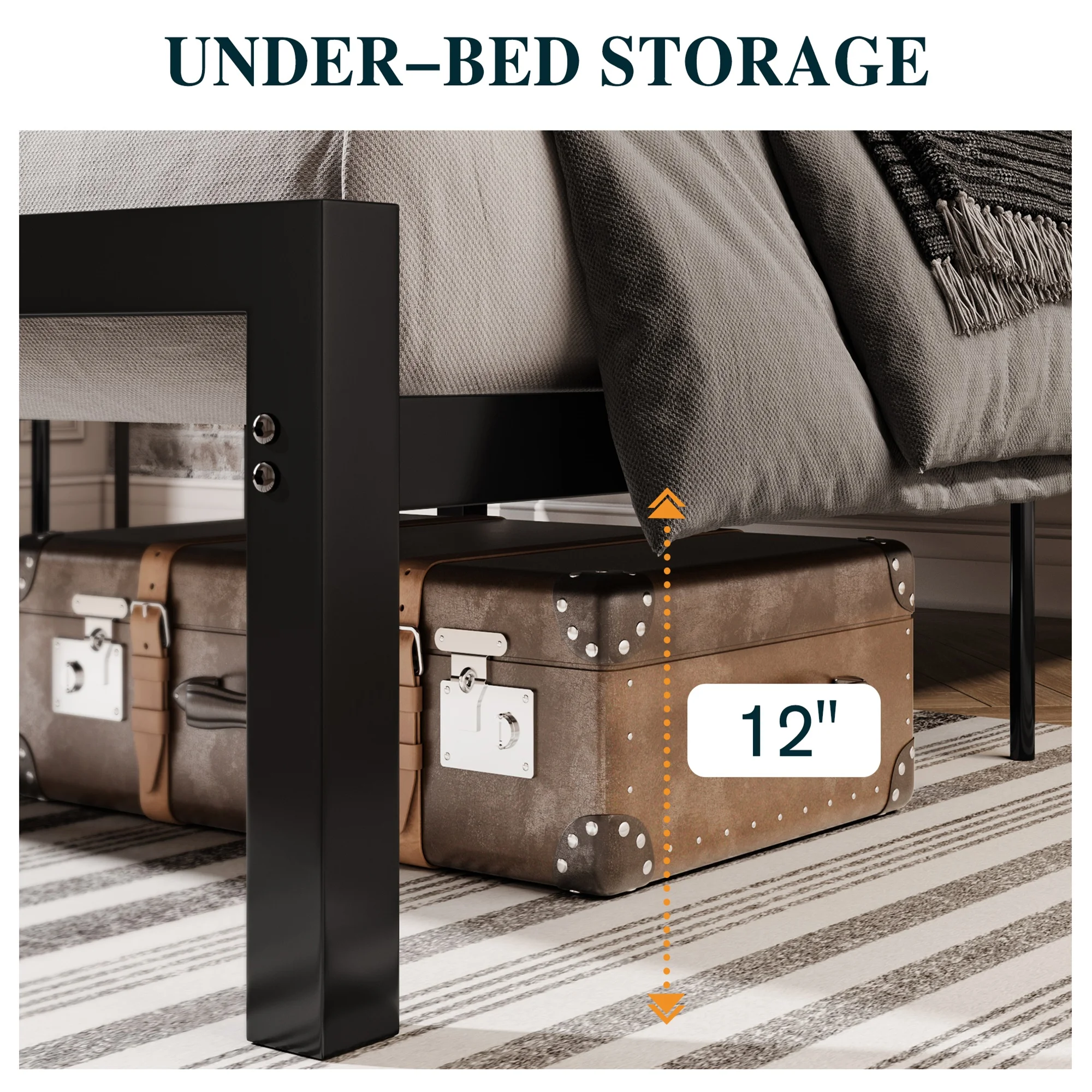 Sha Cerlin Black Queen Size Metal Platform Bed Frame with Leather Headboard & Underbed Storage, Adult - Cheap Abt