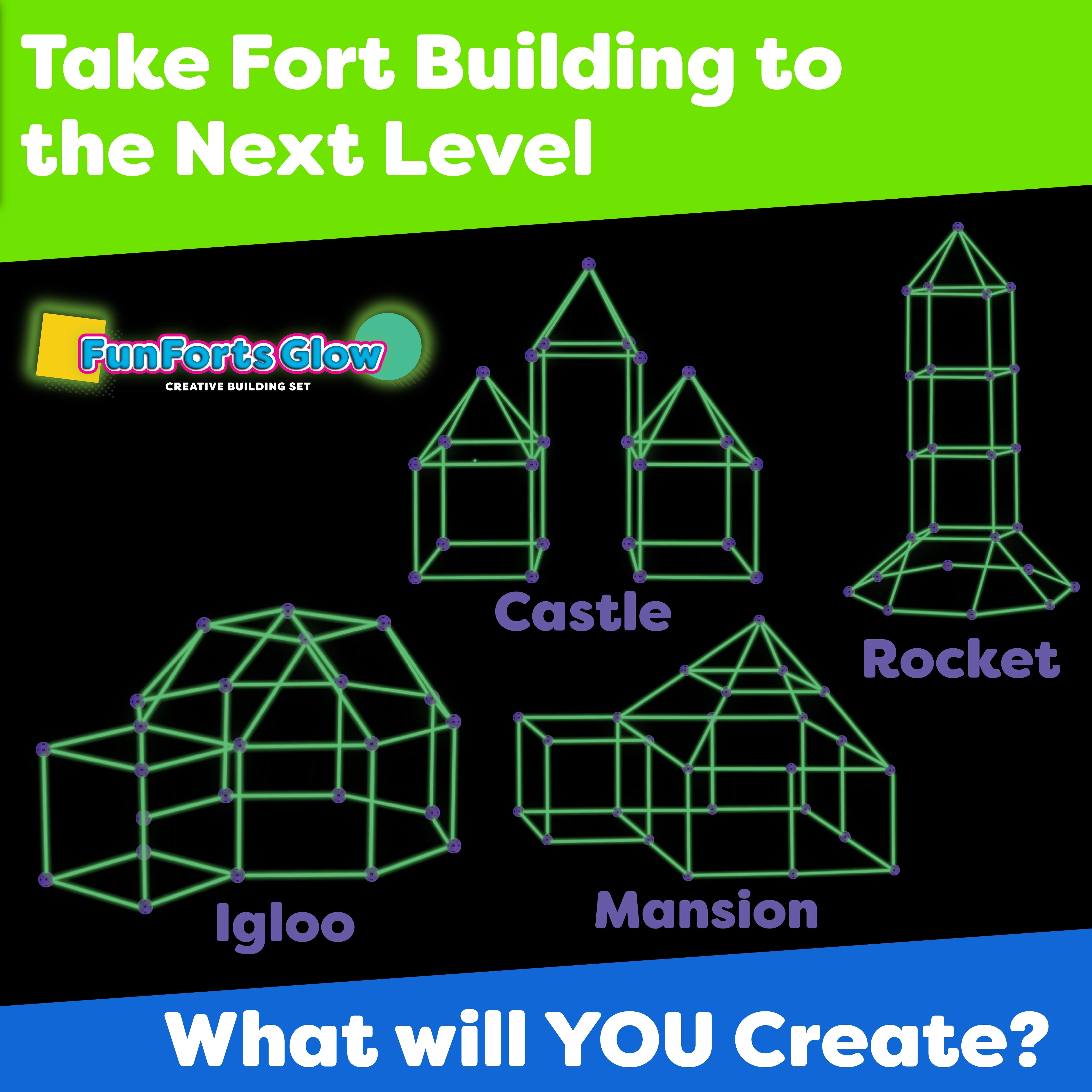 Power Your Fun 81pc Glow in the Dark Fort Kids Tent Building Toys Outdoor Playhouse - Cheap Abt