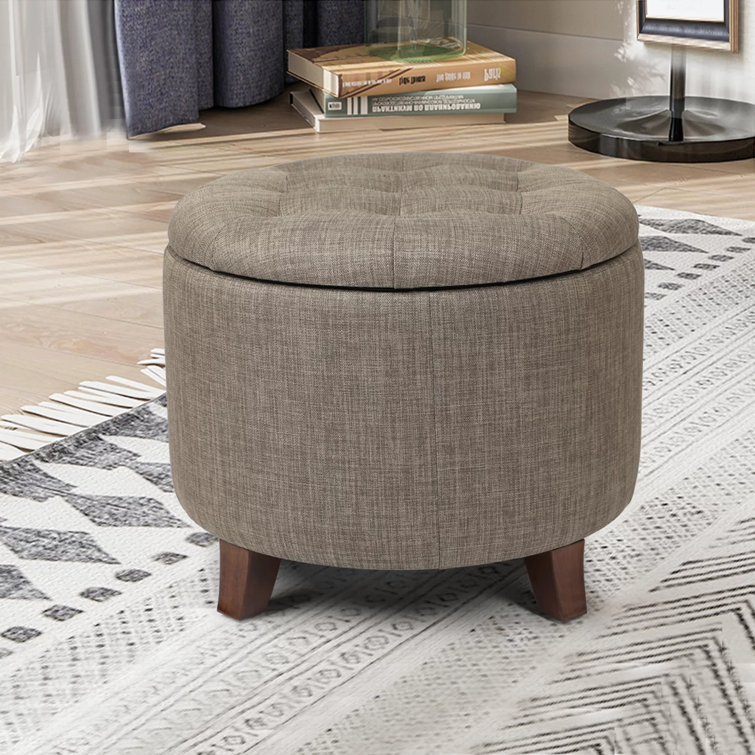 Joveco Fabric Button Tufted Round Storage Ottoman Stool Foot Rest Khaki - Cheap Abt