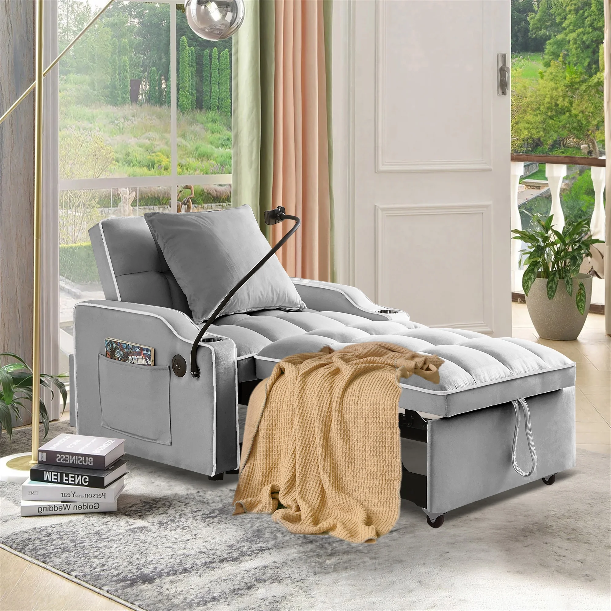 Aukfa Sleeper Chair Bed. Convertible Pull Out Sofa Bed with USB Port. Cup Holders and Swivel Phone Holder. Gray - Cheap Abt