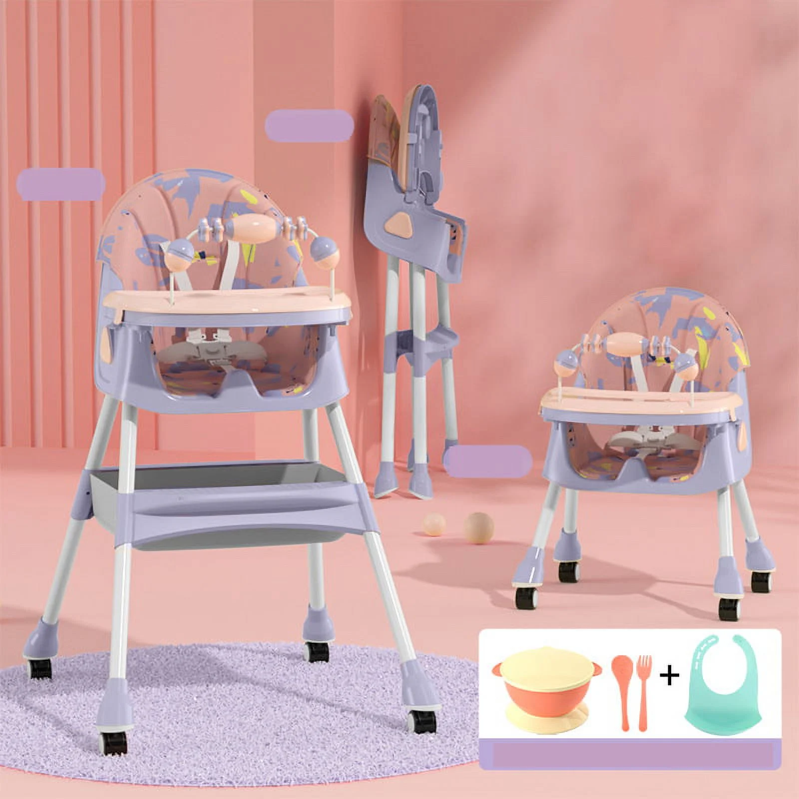 EONROACOO Baby Highchair with 5-point Snap Button. High Chair for Babies with Double-Layer Tray and Toys. Purple - Cheap Abt